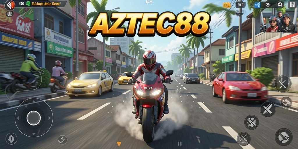 Screenshot gameplay AZTEC88 yang menunjukkan aksi balapan motor.