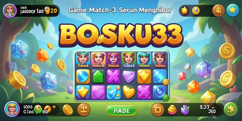 Screenshot utama BOSKU33 menampilkan gameplay Match-3 yang seru.