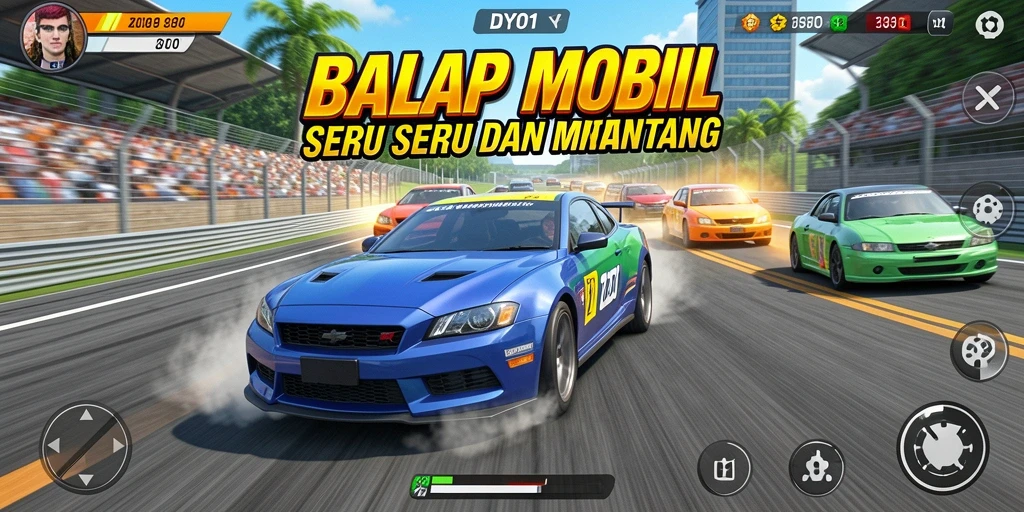 Tampilan gameplay balap mendebarkan di DYO1 dengan mobil dan lintasan yang menarik.