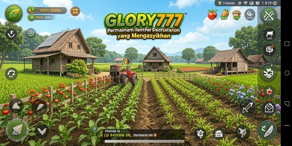 Tampilan gameplay <strong>GLORY777</strong> menampilkan pertanian yang menyenangkan dan interaktif.