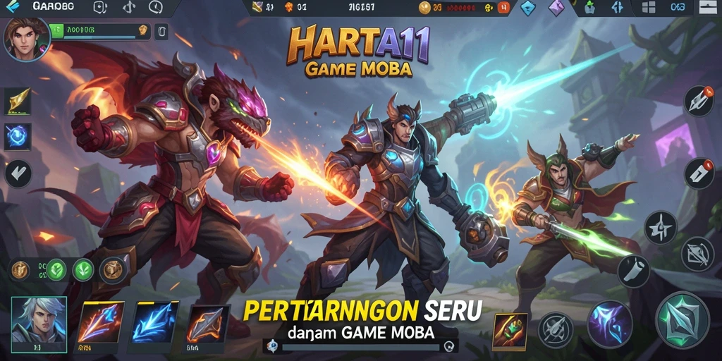 Screenshot gameplay HARTA11 menampilkan aksi seru di arena MOBA.