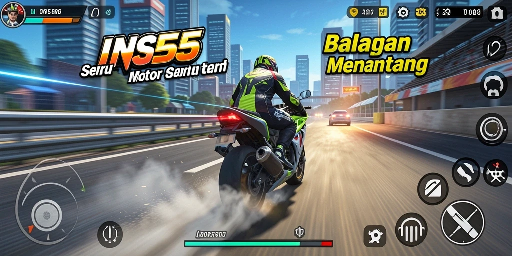 Screenshot utama INS55 menampilkan aksi balap motor yang mendebarkan.