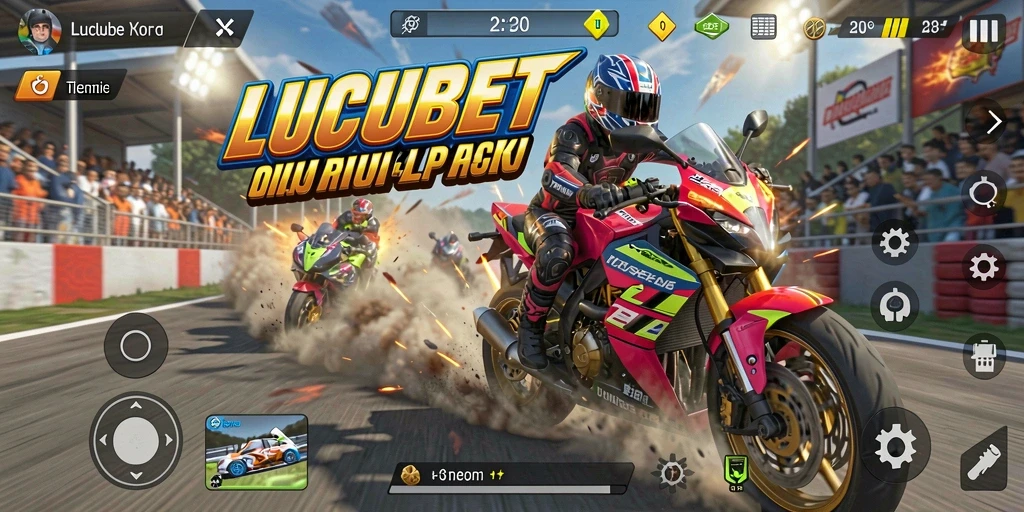 Tangkapan layar LUCUBET menampilkan aksi balap motor yang mendebarkan dan atmosfer yang realistis.