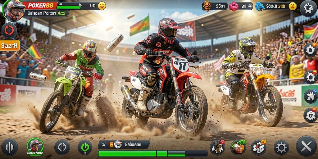 Screenshot dari gameplay POKER88 menunjukkan aksi balapan yang seru.