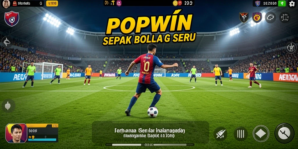 Screenshot utama POPWIN menunjukkan aksi pemain sepak bola yang intens.