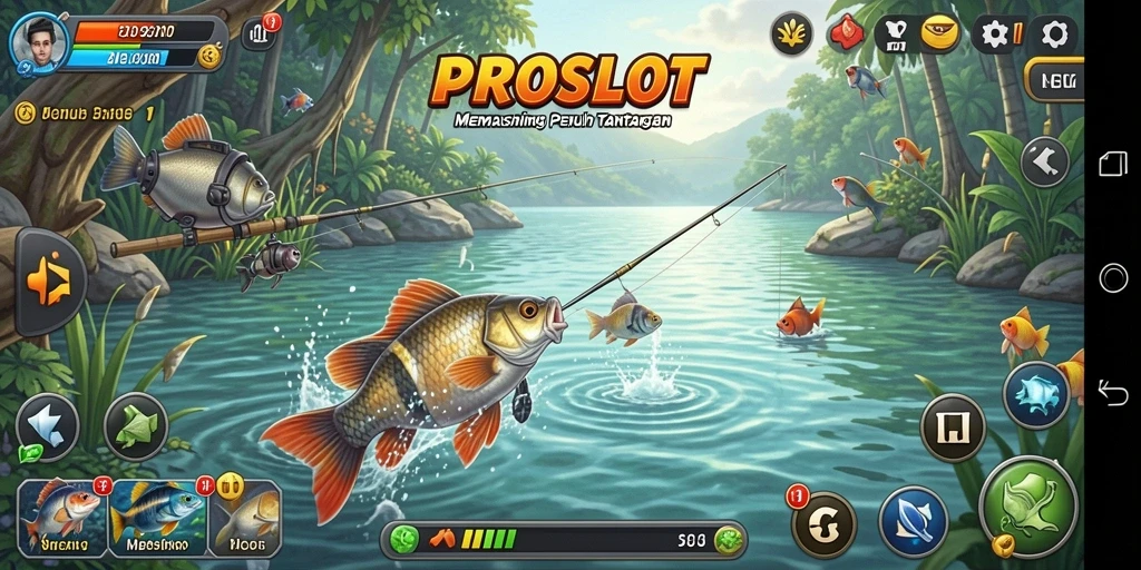 Screenshot Gameplay PROSLOT yang memperlihatkan aksi memancing seru.