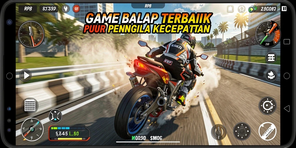 Screenshot gameplay RP8 menampilkan aksi balap motor yang mendebarkan.