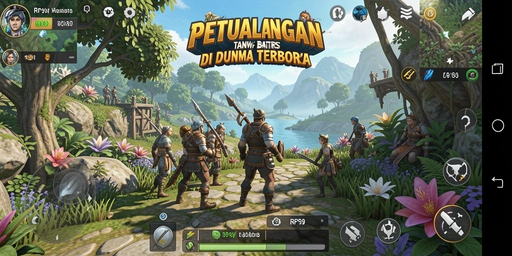 Screenshot menunjukkan pemain menjelajahi dunia terbuka yang indah.