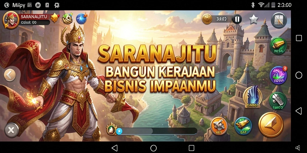 Tampilan gameplay <strong>SARANAJITU</strong> menampilkan aktivitas membangun kerajaan bisnis.