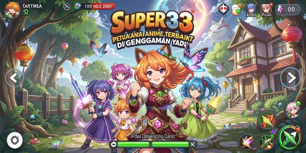 Tampilan utama gameplay SUPER33 yang menampilkan aksi karakter anime.