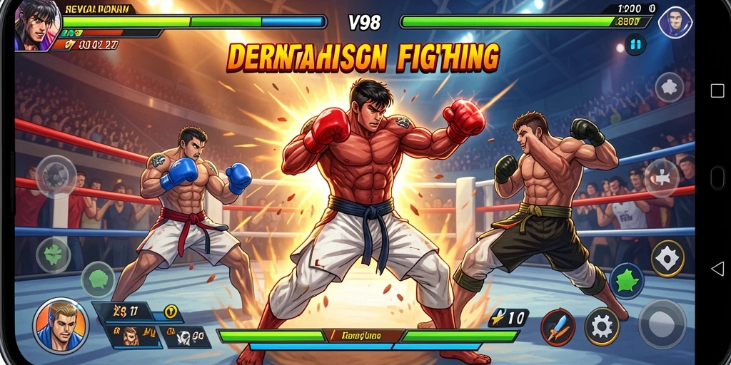 Screenshot gameplay V98 yang menampilkan pertarungan mendebarkan.